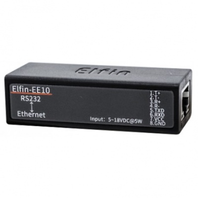 The Elfin-EE1X unit is a complete solution for serial port device connecting to network. This powerful device supports a 10/100BASE-T Ethernet connection, a reliable and proven operating system stored in flash memory, an embedded web server, a full TCP/IP protocol stack,and standards-based (AES) encryption.   Through Ethernet cable connect router with Elfin-EE1X serial server for data transfer, which makes the data transformation very simple. 